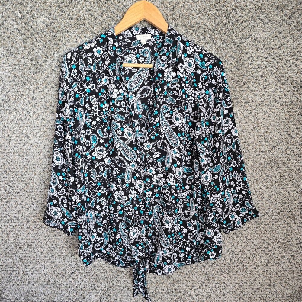 Talbots Top Womens Medium Black Floral Print Button Up‎ Blouse Semi Sheer Casual